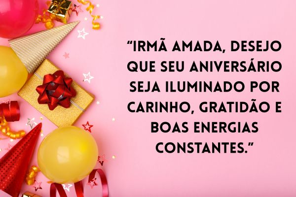 imagem de chapéu, bola de bexiga com fundo rosa escrito uma mensagem para irmã