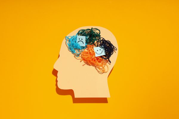 subconciente realidade imagem de uma cabeça em amarelo com linhas azuis e preta e abobora simbolizando o cerebro