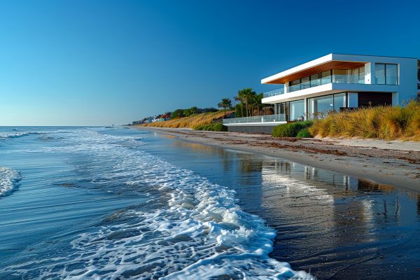 uma mansão com praia na frente