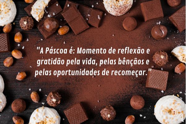 páscoa e chocolate Páscoa com chocolates e doces sobre fundo de cacau com frase sobre reflexão, gratidão e recomeço.