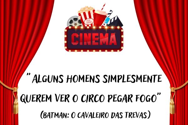 frases de filmes cortina vermelha e no meio escrito cinema e acima dele copo de refrigerante, pipoca, claquete e rolo de filme