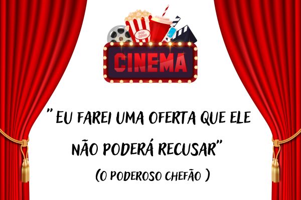 frases de filmes cortina vermelha e no meio escrito cinema e acima dele copo de refrigerante, pipoca, claquete e rolo de filme