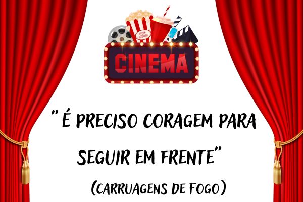 frases de filmes cortina vermelha e no meio escrito cinema e acima dele copo de refrigerante, pipoca, claquete e rolo de filme