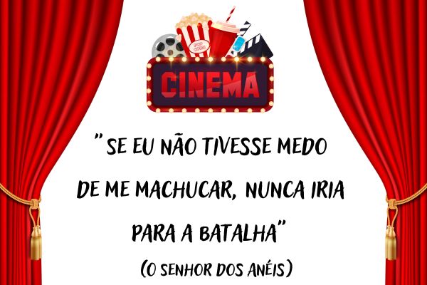 frases de filmes cortina vermelha e no meio escrito cinema e acima dele copo de refrigerante, pipoca, claquete e rolo de filme