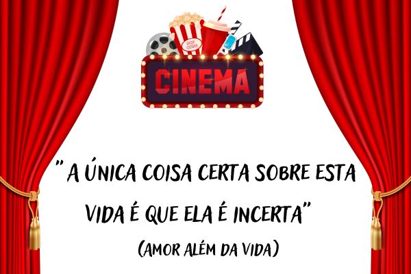 frases de filmes cortina vermelha e no meio escrito cinema e acima dele copo de refrigerante, pipoca, claquete e rolo de filme