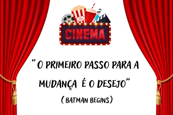 frases de filmes cortina vermelha e no meio escrito cinema e acima dele copo de refrigerante, pipoca, claquete e rolo de filme