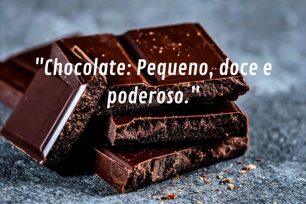 chocolate pequeno doce e poderoso Pedaços de chocolate com frase dizendo que chocolate é pequeno, doce e poderoso.