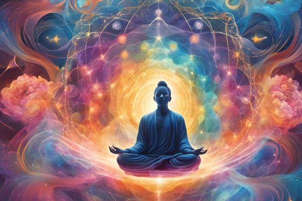 Pessoa meditando envolvida por campo de energia colorido simbolizando a Lei da Suposição e a imaginação criadora ensinada por Neville Goddard.