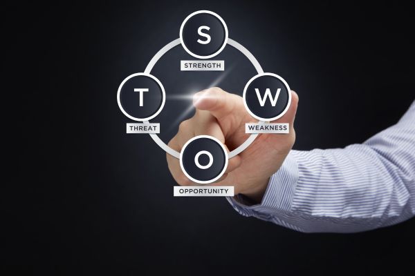 analise swot pessoal uma mão apontando para a letra S, T, W O representando analise swot