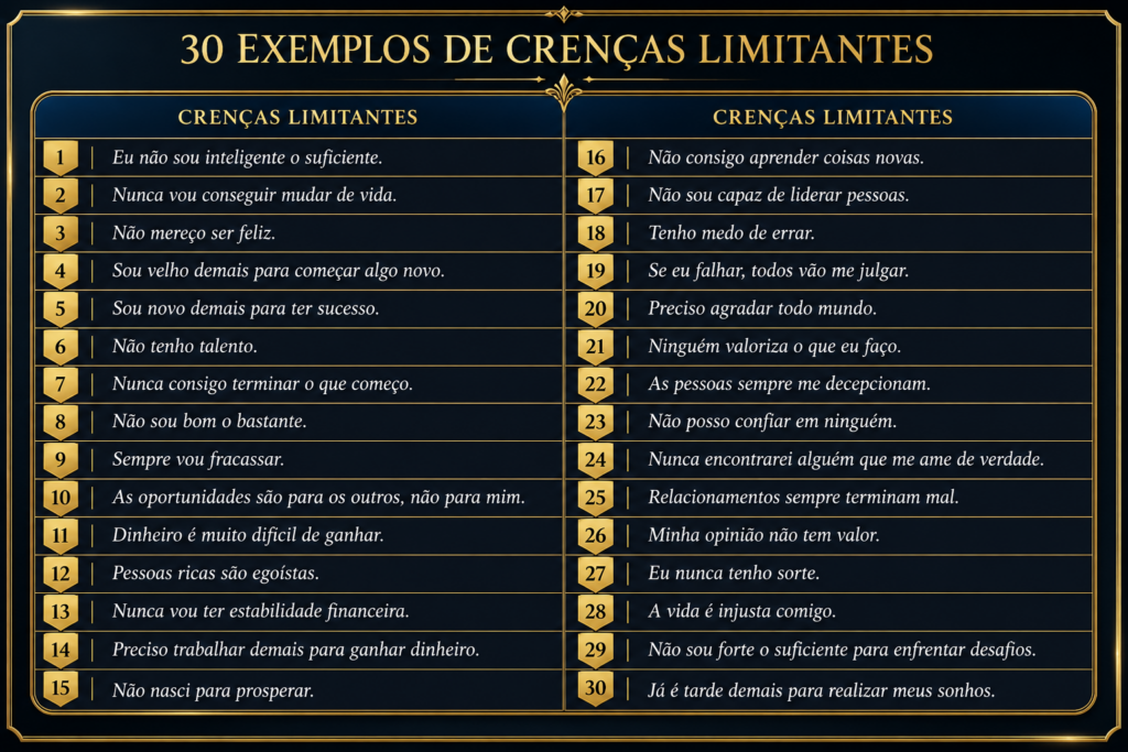 30 Exemplos de Crenças Limitantes Que Podem Estar Sabotando Sua Vida Quadro ilustrado com 30 exemplos de crenças limitantes mais comuns