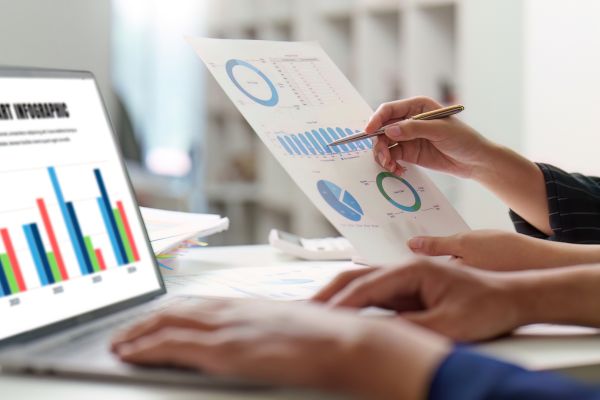 Pessoa analisando gráficos e relatórios financeiros no notebook para decidir onde investir e construir patrimônio.
