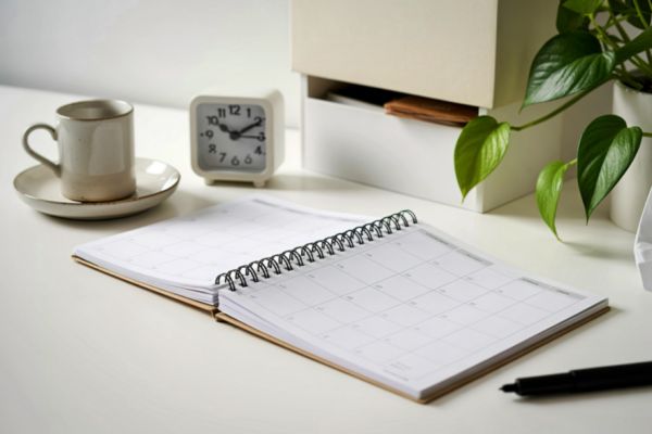 produtividade gestão de tempo e planejamento agenda mensal aberta com relógio e mesa organizada representando produtividade e gestão do tempo
