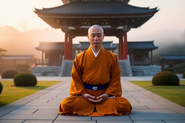 meditação equilibrio vida propósito pensamentos Monge meditando em templo representando equilíbrio, paz interior e busca por propósito na vida