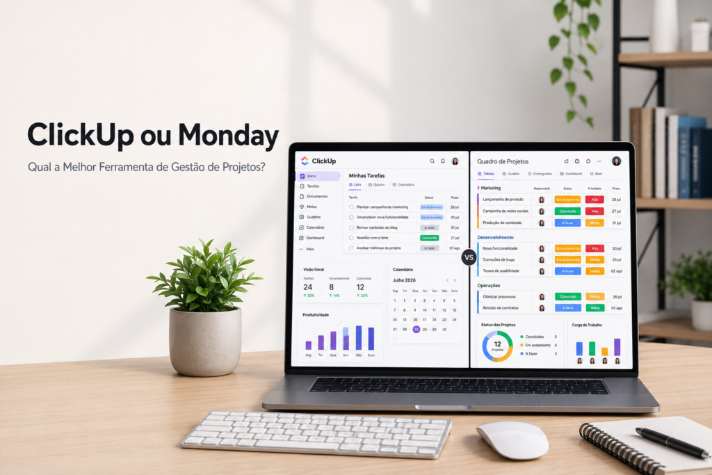 ClickUp ou Monday: comparação entre as interfaces das duas ferramentas de gestão de projetos, destacando recursos, organização e produtividade em um notebook.