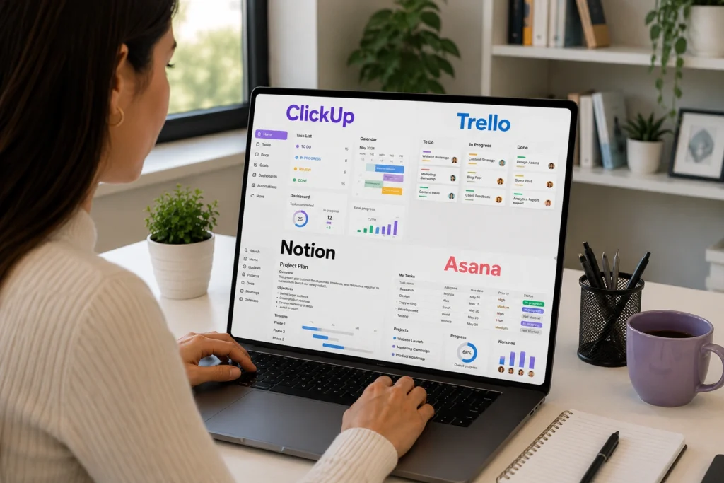 Comparação visual entre interfaces inspiradas no ClickUp, Trello, Notion e Asana, destacando diferentes formas de organizar projetos, tarefas, documentos e dashboards.