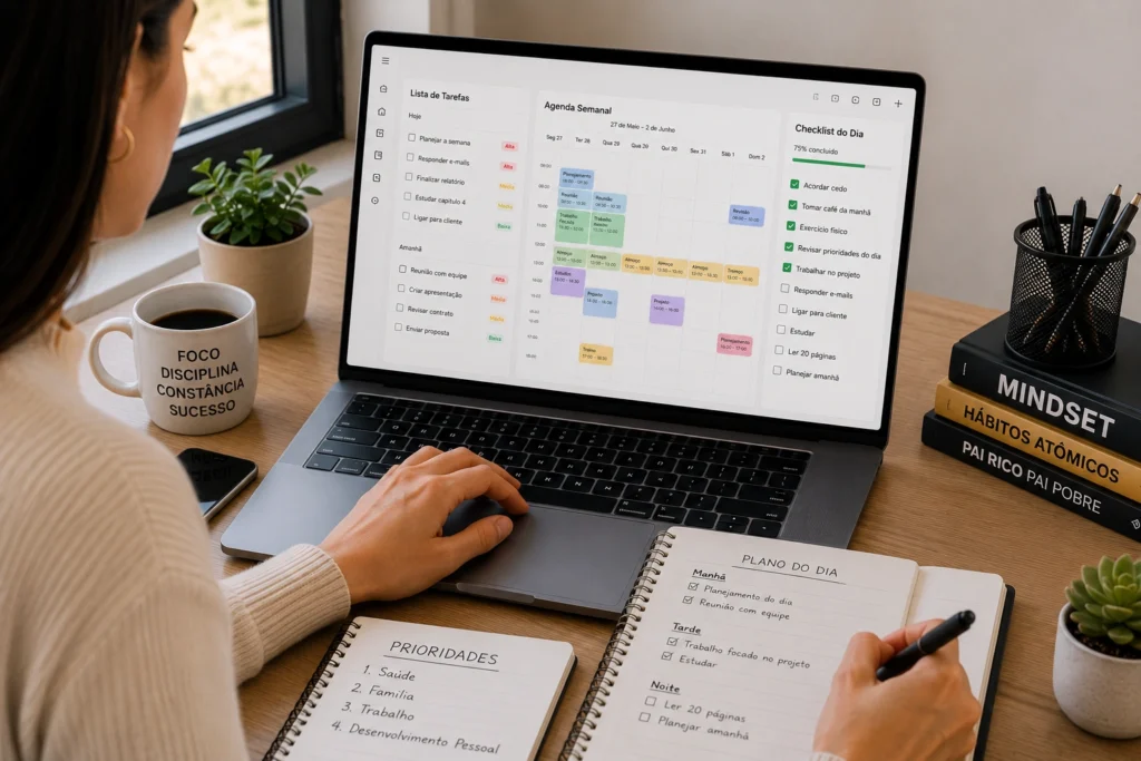 Pessoa colocando em prática a organização pessoal com lista de tarefas, prioridades, agenda semanal e checklist em um notebook durante o planejamento da rotina.
