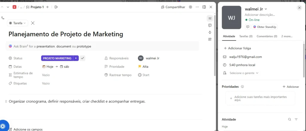 Tela do ClickUp mostrando a criação e configuração do primeiro projeto com responsáveis, prioridades, datas e descrição da tarefa, ilustrando como usar o ClickUp.