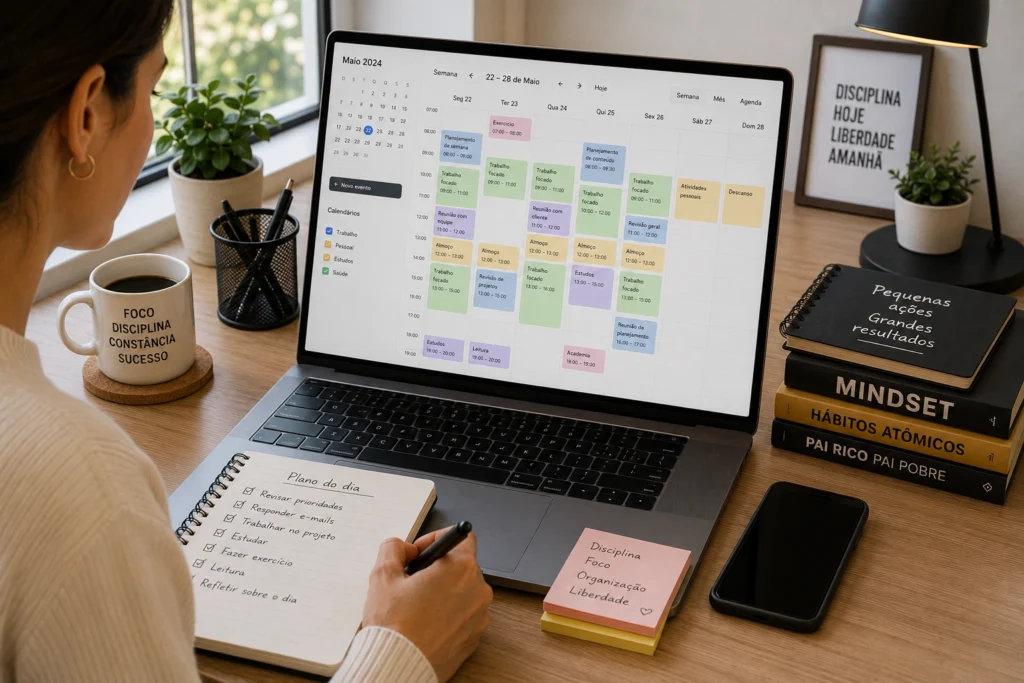 Pessoa mantendo a organização pessoal ao planejar a rotina em um notebook com calendário semanal, lista de tarefas e ambiente de trabalho organizado.