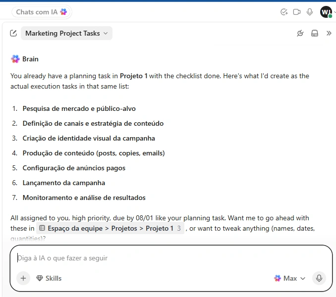ClickUp Brain utilizando inteligência artificial para criar tarefas automaticamente, organizar projetos e sugerir etapas de execução no ClickUp.