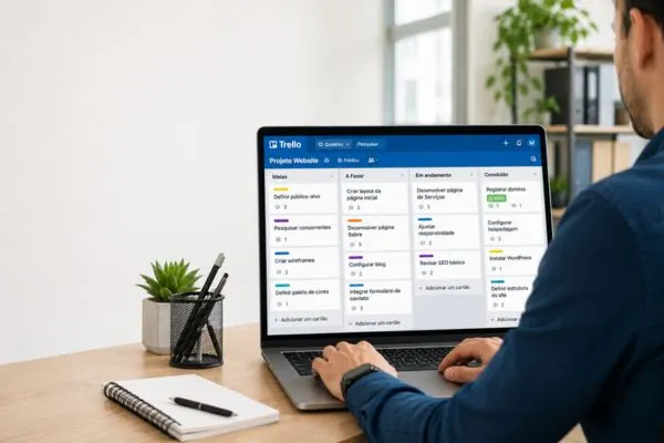 Pessoa utilizando o Trello no notebook, mostrando como usar o Trello para organizar projetos e gerenciar tarefas.