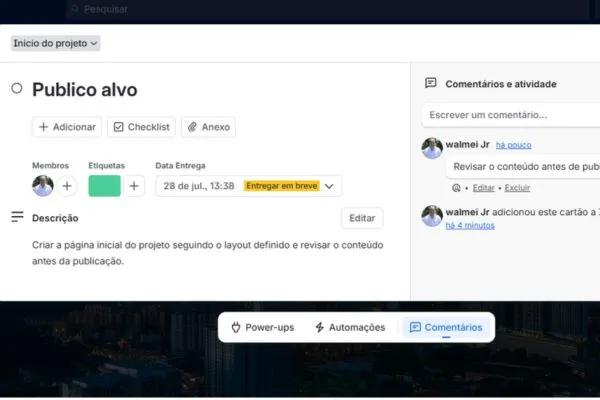 Tela com cartão, checklist, etiquetas e comentários, mostrando como usar o Trello e seus principais recursos para organizar projetos.