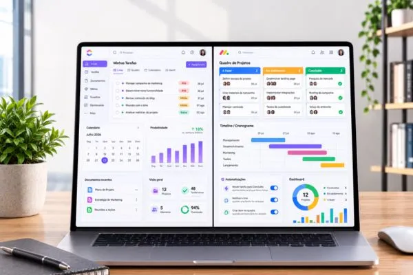 ClickUp ou Monday: comparação entre as interfaces das duas ferramentas de gestão de projetos, mostrando recursos como tarefas, calendário, Kanban, cronograma e dashboards.