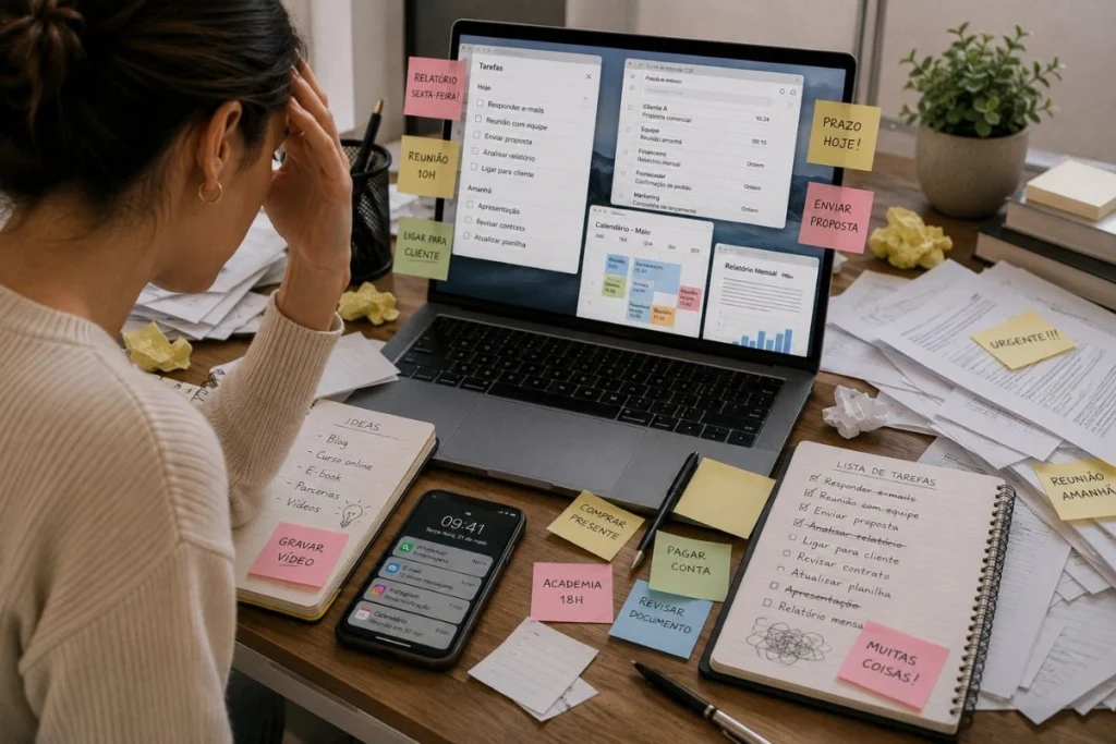 Pessoa enfrentando dificuldades na organização pessoal em uma mesa desorganizada, com excesso de tarefas, papéis, lembretes e notificações acumuladas.