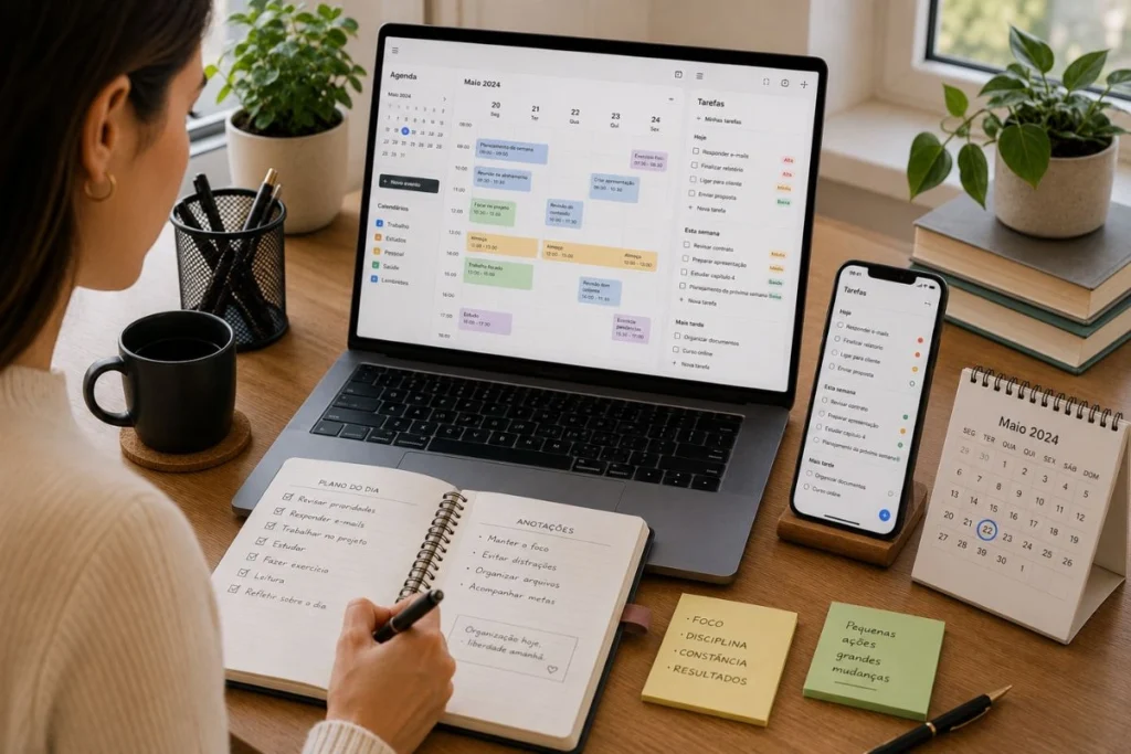 Ferramentas para organização pessoal com agenda digital, aplicativo de tarefas, smartphone sincronizado, agenda física e calendário auxiliando no planejamento da rotina.