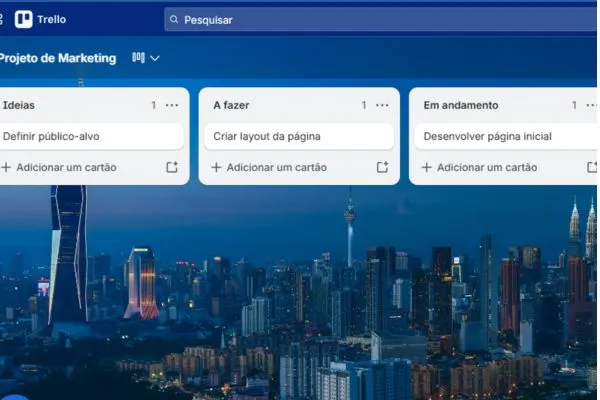 Interface do Trello com quadro Kanban, representando o que é o Trello e como organizar tarefas e projetos.