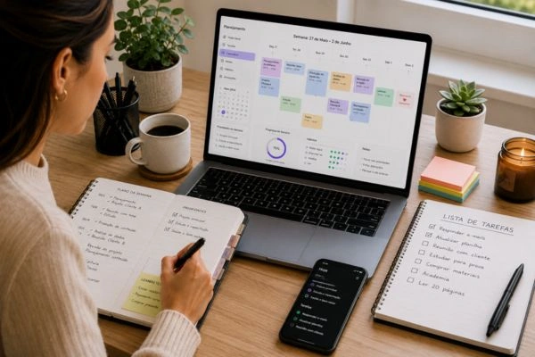 Pessoa planejando a semana com notebook, agenda e lista de tarefas, demonstrando o conceito de organização pessoal por meio do planejamento da rotina e das prioridades.
