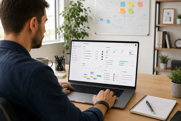 Profissional utilizando uma plataforma de gestão de projetos com tarefas, calendário, dashboards e automações, ilustrando quando escolher o ClickUp.
