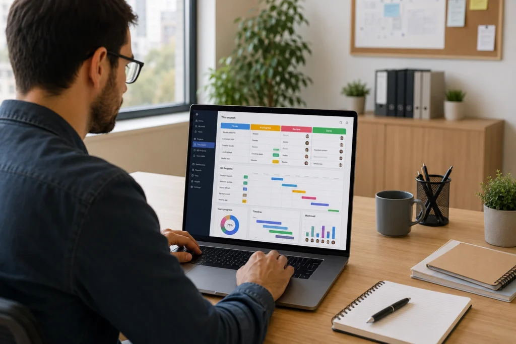 ClickUp ou Monday: profissional utilizando uma plataforma de gestão de projetos com quadro Kanban, cronograma e dashboards intuitivos para organizar tarefas e projetos.
