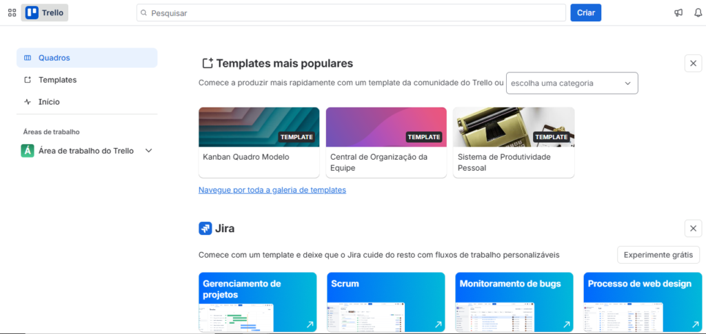 Tela inicial do Trello mostrando modelos de quadros, representando situações em que o Trello pode não ser a melhor escolha para alguns projetos.